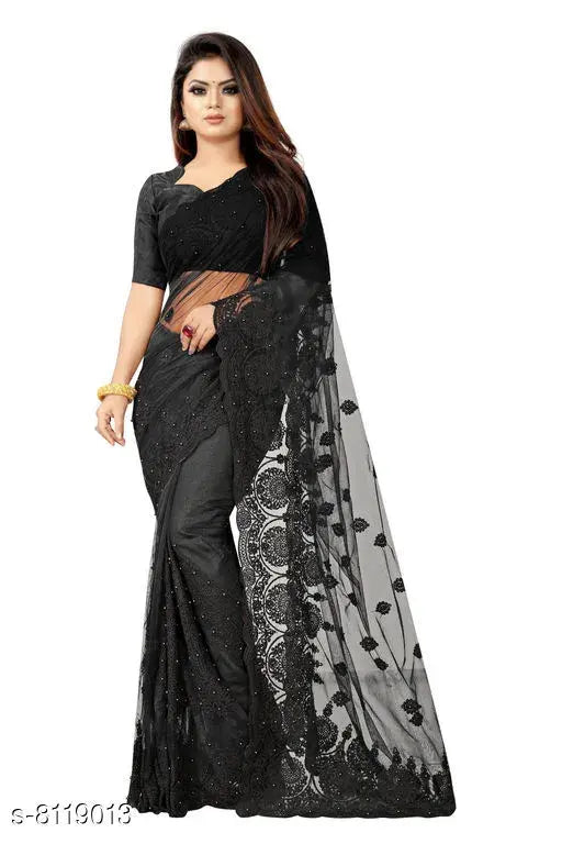 Trendy net saree with solid embroidered blouse, free size, India-origin fashion accessory