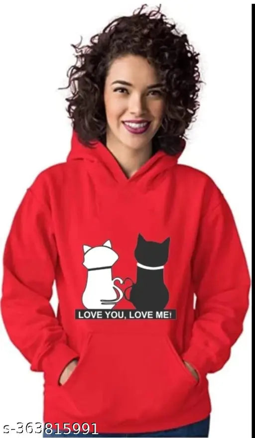 Red fleece long-sleeve hoodie set with printed cats design for women and girls, stylish fashion wear on mannequin