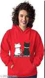 Red fleece long-sleeve hoodie set with printed cats design for women and girls, stylish fashion wear on mannequin