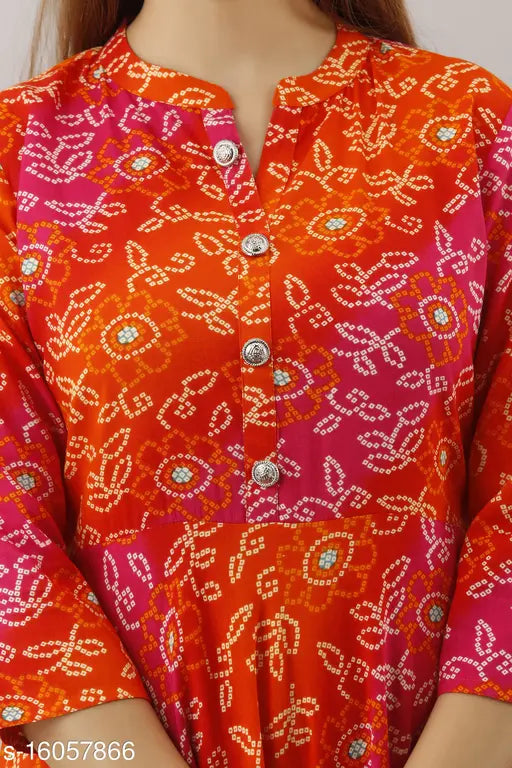 Orange rayon Anarkali embellished kurti, three-quarter sleeves, printed design for women, Indian-made fashion