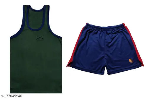 Striped polyester Army Ganji/vest and running shorts combo for men, may vary in color based on stock