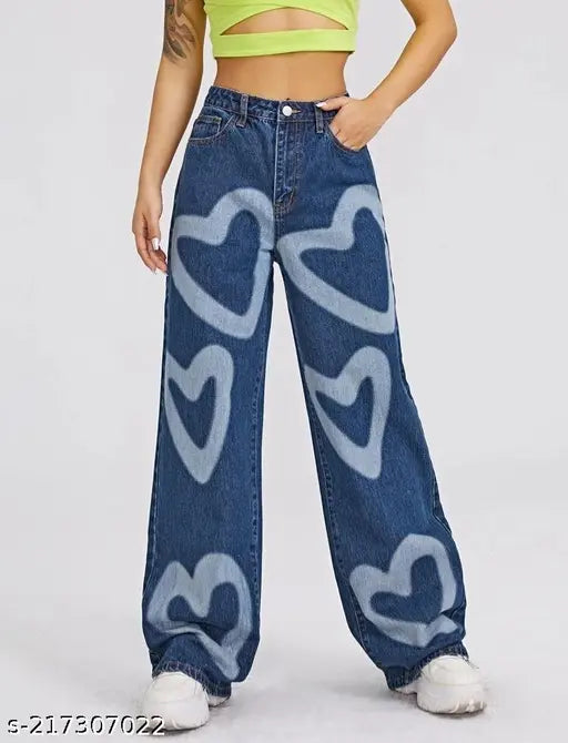 Dark blue heart print wide leg denim jeans for women, India-made denim fashion essentials with adjustable waistband and five pockets