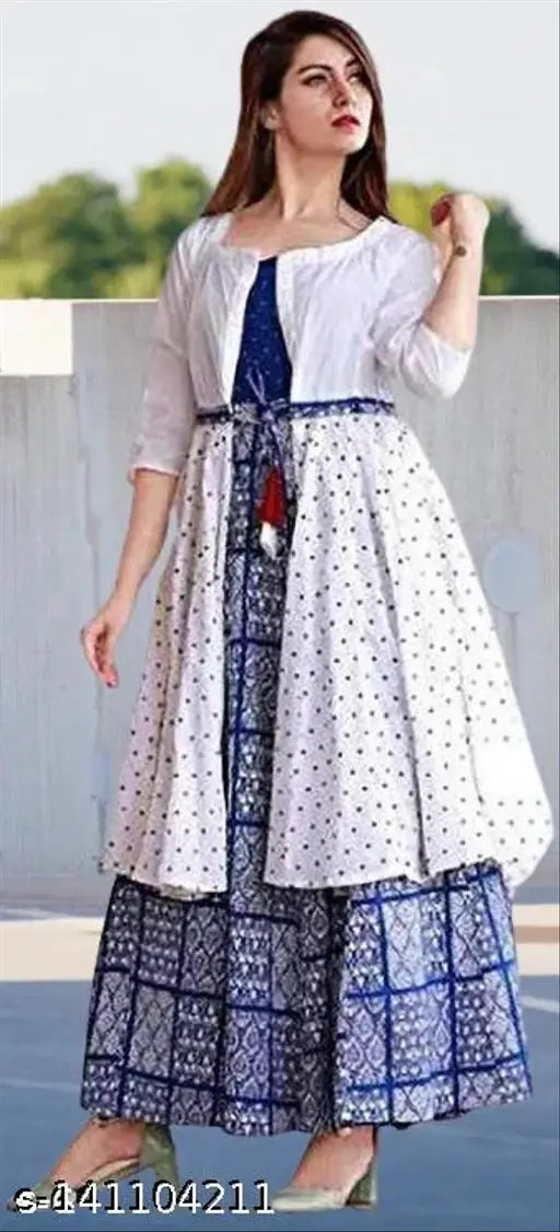 Rayon printed straight blue kurti with shrug for women, three-quarter sleeves, trendy Indian women's fashion