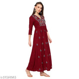 Rayon embroidered A-line kurta for women, India origin, three-quarter sleeves