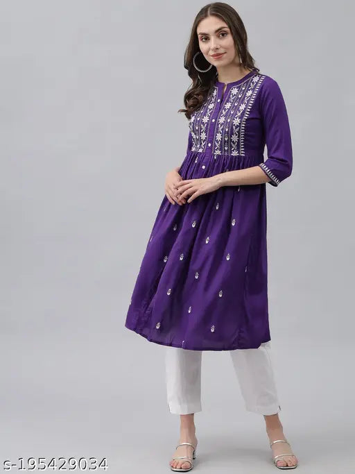 Purple Rayon Chikan Embroidery Kurti with three-quarter sleeves. Traditional Anarkali winter design for functions, festivals, parties, and weddings. Finest quality fabric, lightweight and comfortable