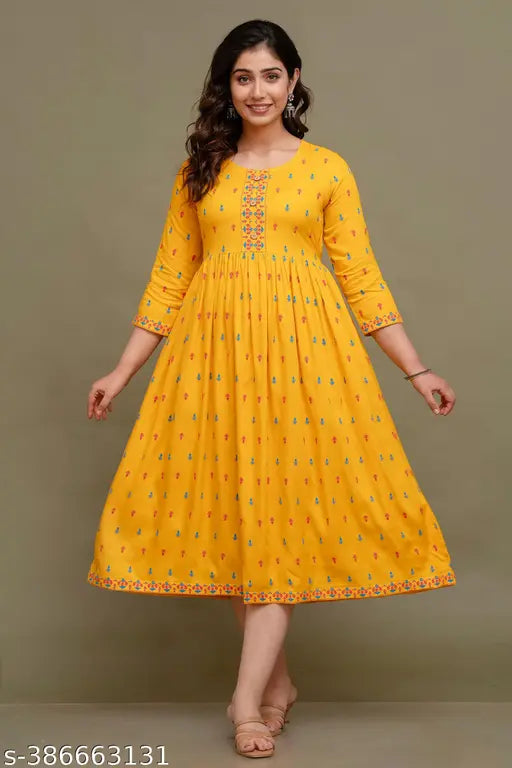 Yellow printed rayon anarkali kurta for haldi function, vibrant and comfortable women's clothing