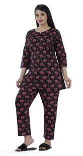 Black cotton pbuta flower print nightsuit, attractive and stylish sleepwear with three-quarter sleeves, available in sizes S, M, and XL. Made in India