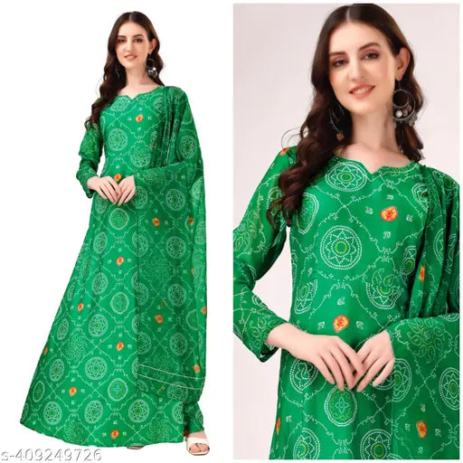 Green Georgette Anarkali Kurti Set (No Bottom) by FGPL Brand, printed flare pattern and bandhej print