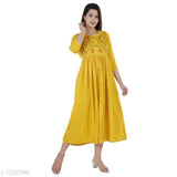 Mustard rayon embroidered kurti, three-quarter sleeves, women's traditional Indian fashion
