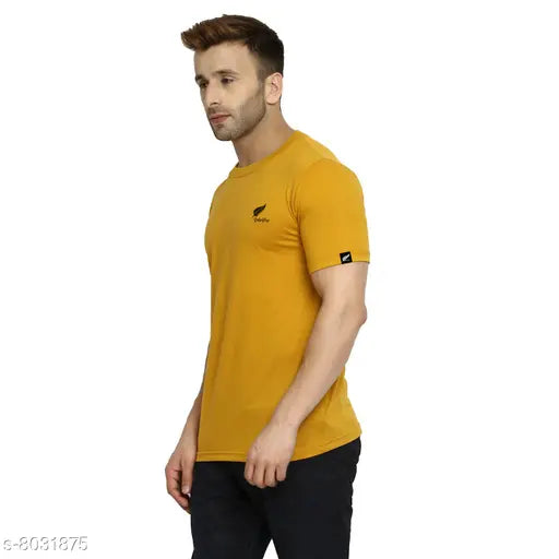 Polo Plus Men yellow logo printed half-sleeve cotton t-shirt, short sleeves, name brand apparel on display stand