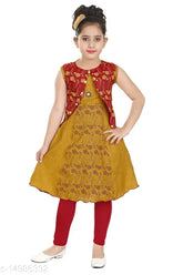 Yellow cotton kurti pack for girls, sleeveless printed net design, size 4-5 years or 5-6 years or 6-7 years, made in India