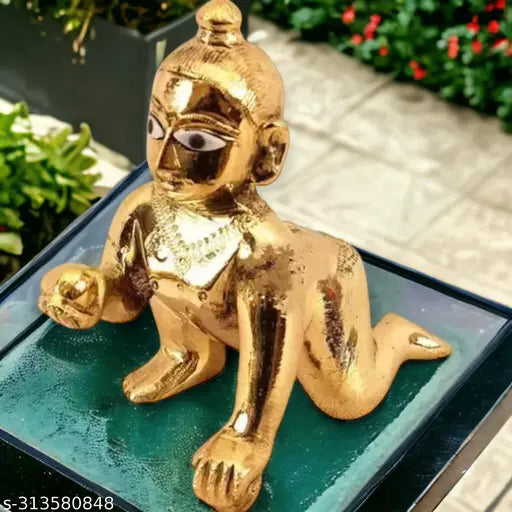 Pure brass Krishna idol (Laddu Gopal), 2 no/petal murti, 7cm x 7cm x 5cm, Indian origin