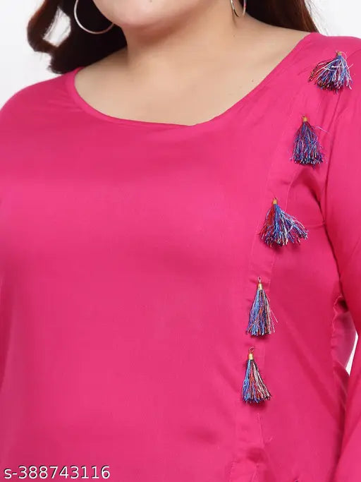 FAZZN Plus Size Rayon Pink Kurti with Full Sleeves - soft, breathable, flattering knee-length style in 10 sizes, India origin