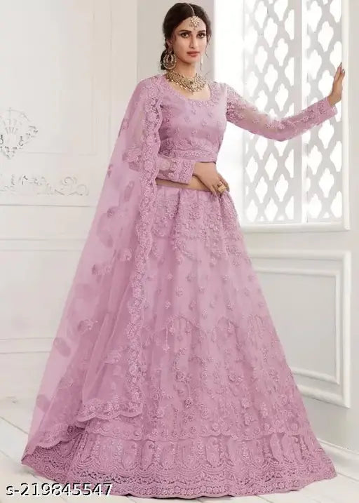 Embroidered Net Lehenga Choli, semi-stitched in Georgette fabric - elegant Indian wedding ensemble
