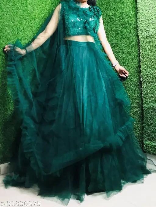 Green jute-silk lehenga with embroidered choli and net dupatta, ideal for mehendi functions or Indian weddings