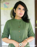 Elegant green cotton A-line kurta set with striped design, three-quarter sleeves, calf length paired with coordinating palazzos, ideal for daily wear