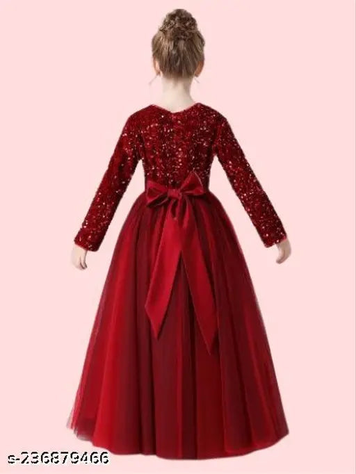 Red sequin and net gown for girls party wear, embroidered design with long sleeves, full-length velvet top and soft net bottom, back zipper closure, India origin