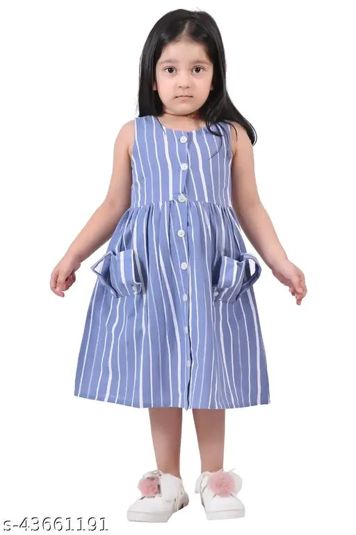 Blue cotton striped frock for girls, single pack with sizes ranging from 2-3 years to 10-11 years. Indian-made