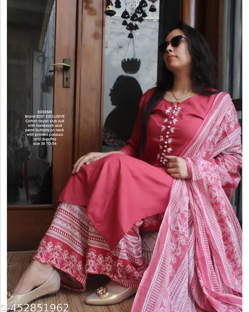 Rayon slub Kurti-Palazzo Pant-Dupatta set, solid color with three-quarter sleeves, premium quality Indian clothing for women