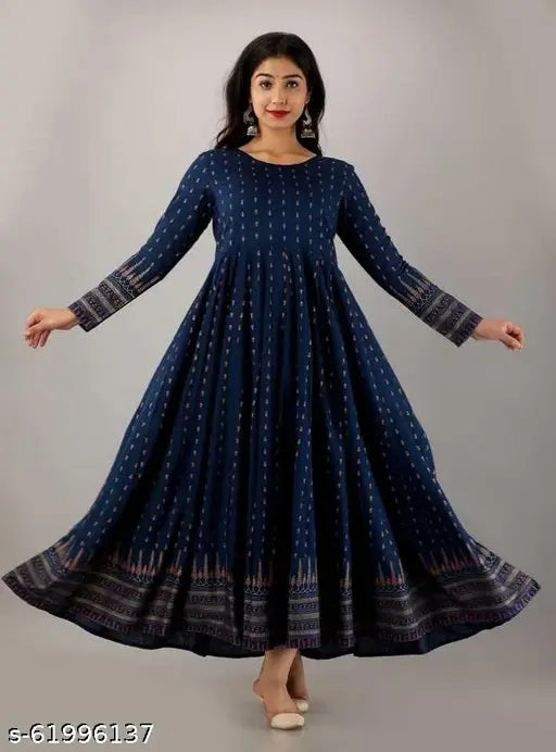 Rayon long-sleeved printed kurta for women, single size S-XXL, Indian Anarkali style fashion