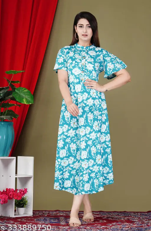 Stylish rayon printed Anarkali kurtis for women, Indian Sanganeri print on short-sleeve blouse, S (36in bust, 48in length) or M (38in bust, 48in length)