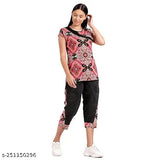 Cotton nightsuit set for women, printed t-shirt with off white & navy floral motif and black capris with navy leaf pattern, Indian made