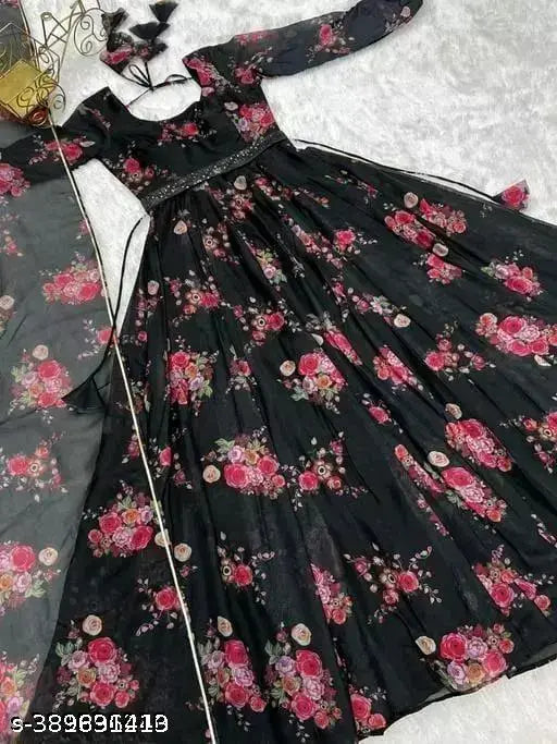 Black poly georgette floral printed party wedding fashion gown with matching dupatta and belt, Indian wear for women's weddings and parties