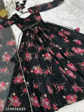 Black poly georgette floral printed party wedding fashion gown with matching dupatta and belt, Indian wear for women's weddings and parties