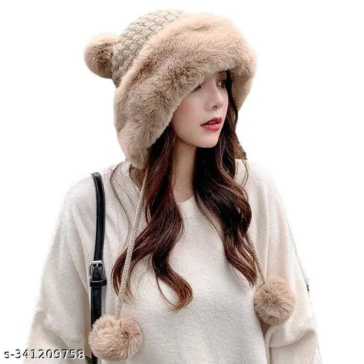 Beige woolen winter beanie, thick fleece scarf set with face cover. Stylish monkey cap for women & girls, perfect for outdoor activities." (120 characters)