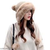 Beige woolen winter beanie, thick fleece scarf set with face cover. Stylish monkey cap for women & girls, perfect for outdoor activities." (120 characters)