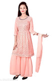Georgette Sharara Set with A-line skirt, embellished sleeves, and dupatta, designed for festive occasions in India, for kids aged 4-12 years