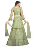 Green embroidered nylon net flared lehenga with unstitched blouse, Indian semi-stitched wedding wear on mannequin