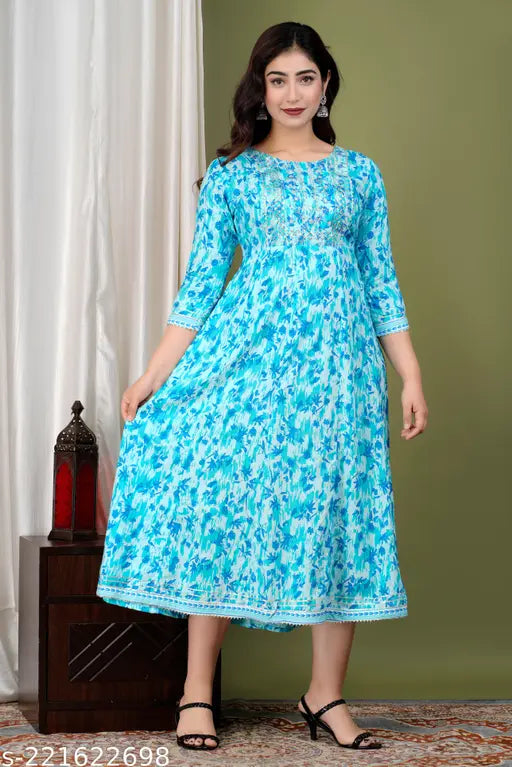 sky blue rayon anarkali kurti with three-quarter sleeves and printed combo pattern, women's fashion on mannequin