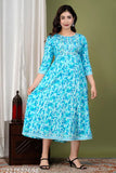 sky blue rayon anarkali kurti with three-quarter sleeves and printed combo pattern, women's fashion on mannequin