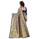 Navy blue Banarasi silk saree with blouse (5-6mtr), traditional Indian handwoven design on display