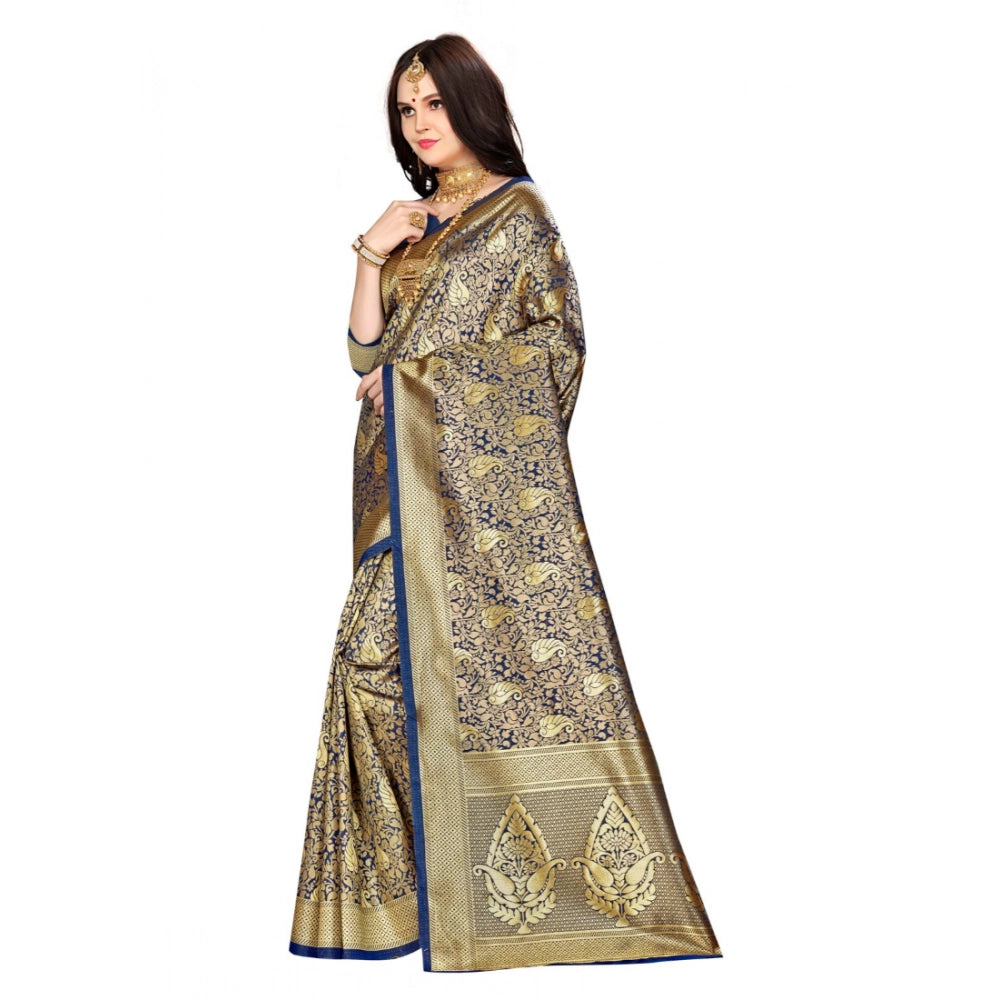 Navy blue Banarasi silk saree with blouse (5-6mtr), intricate designer weaving work on display