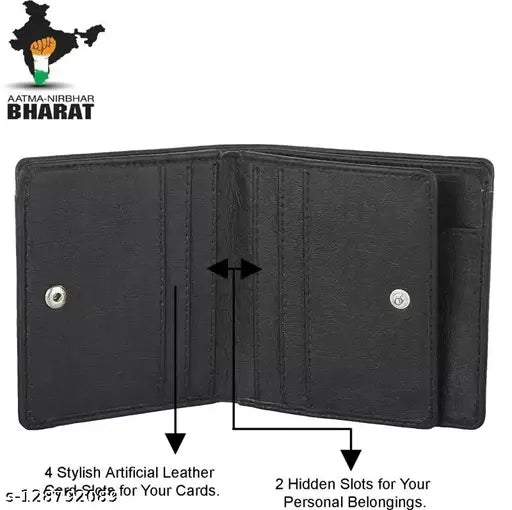 Classic world black PU men's bi-fold wallet, slim design with 2 currency compartments and 7 card slots. High-quality accessory for daily use
