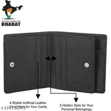 Classic world black PU men's bi-fold wallet, slim design with 2 currency compartments and 7 card slots. High-quality accessory for daily use