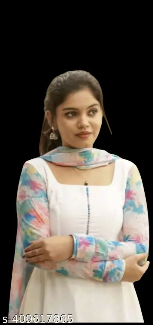 White georgette kurti with dupatta, pastel shades, full sleeves - India-made fashion