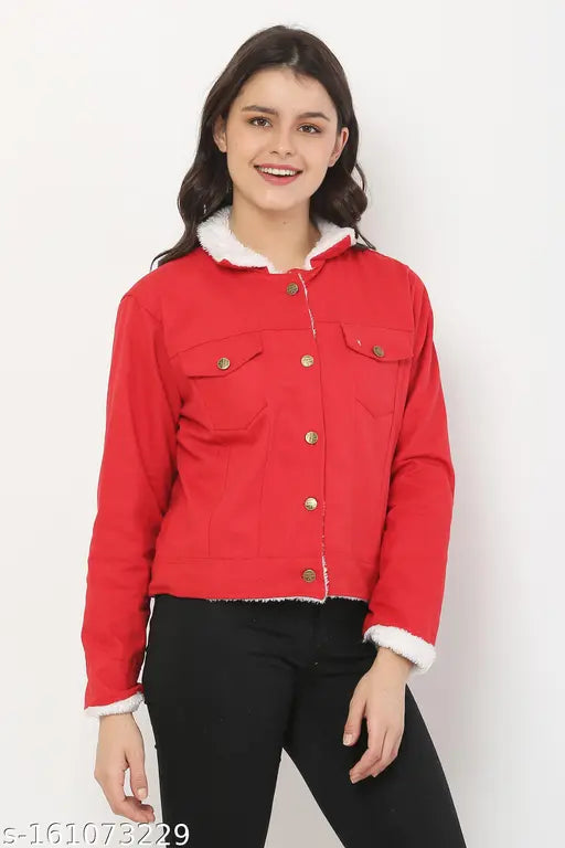 Denim fur casual jacket, solid pattern, long sleeves for women, XS-M sizes, India origin