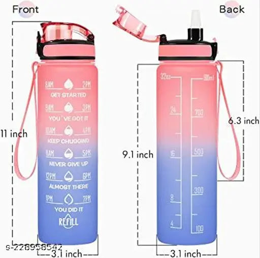 Multicolor motivational fitness water bottle with straw & time maker, BPA-free, Tritan plastic, leakproof design for unisex gym, school, office, travel. Inspirational quote and time markers on a spill-proof silicone straw, wide mouth for ice cubes, perfect for a healthy lifestyle. Made in India