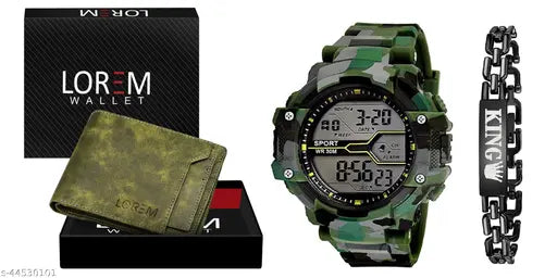 Green faux leather wallet with 16 compartments and premium Digital Army strap sport digital watch, plus three free King bracelets