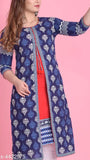 Cotton ethnic motif printed layered kurti for women, three-quarter sleeves, XS to 10XL, Indian design