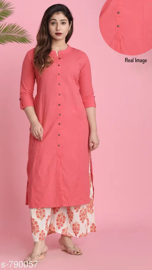 Solid cotton women's kurta set with palazzos, three-quarter sleeves, solid pattern, XL size, Indian origin