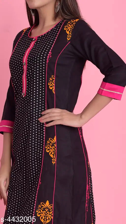 Cotton polka dot printed panel kurti for women, three-quarter sleeves, India origin