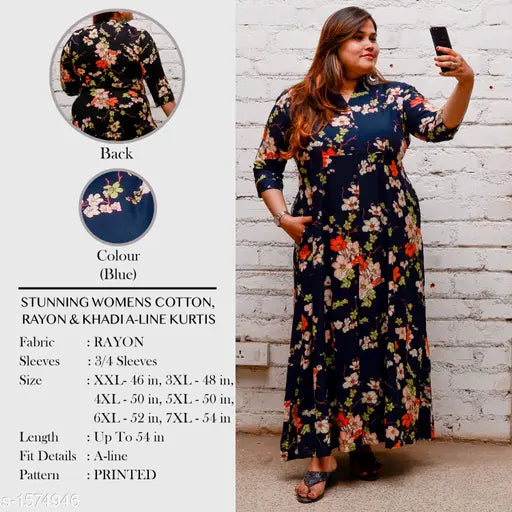 Rayon floral print flared kurti for women, three-quarter sleeves, vibrant Indian fashion