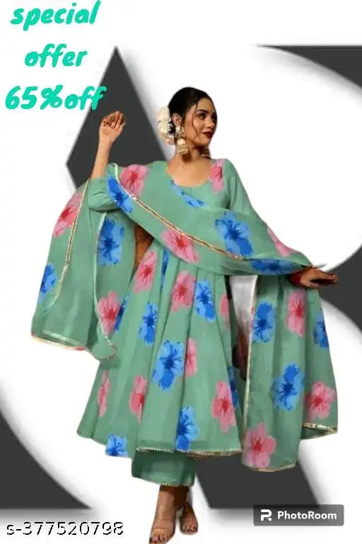 Georgette flowers printed Anarkali dress, traditional Indian outfit with three-quarter sleeves. Exquisite party wear for women in vibrant floral pattern