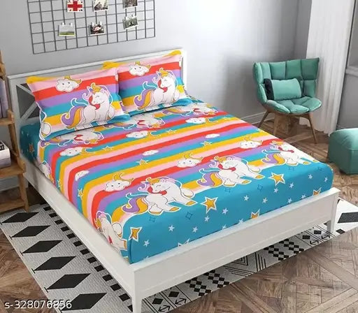 Multicolor microfiber double flat bedsheet (SANDAL DECORS 160 TC), ideal for adult AC rooms, featuring unicorn pattern and pack of 1, machine washable