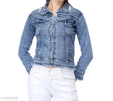 Raw edge light blue denim jacket for women, solid color, long sleeves on hanger (India-made)