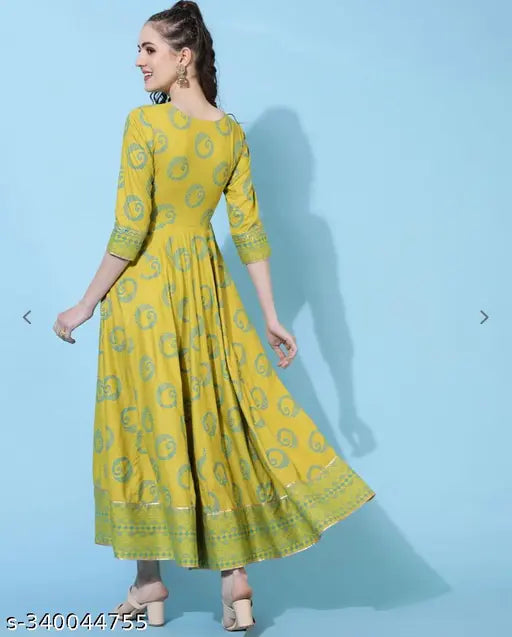Rayon embroidered Anarkali Kurta for women, Indian festive wear in printed design with three-quarter sleeves
